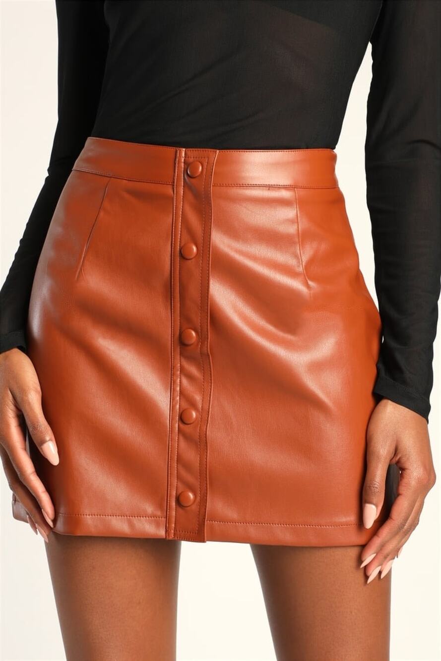 Lulus Most Fab Brown Vegan Leather Button-Front Mini Skirt Size S